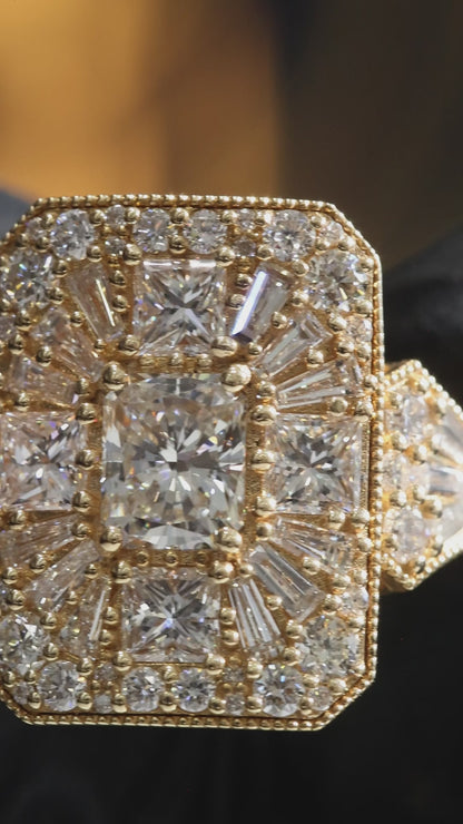 Natural Diamond Square Cluster Halo Ring in Yellow Gold | Bold Vintage Statement Design