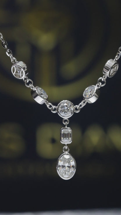 Natural Diamond Station Drop Necklace in White Gold | Bezel Set Mixed Cut