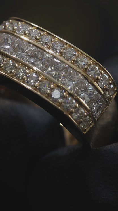Princess Cut & Round Diamond Triple Row Band in 14k Yellow Gold | 1.79 CTW