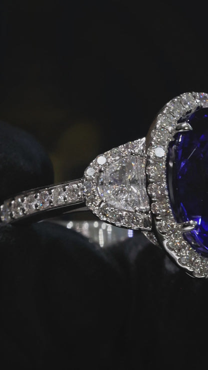 Natural Tanzanite Halo Engagement Ring in 18K White Gold | Luxury Statement Design