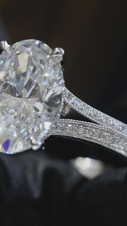 Oval-Cut Lab-Grown Diamond Split Shank Engagement Ring in White Gold | Pavé Cathedral Setting
