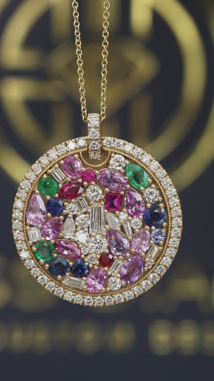 Natural Multi-Gemstone & Diamond Medallion Necklace in 14K Yellow Gold | Mosaic Halo Design