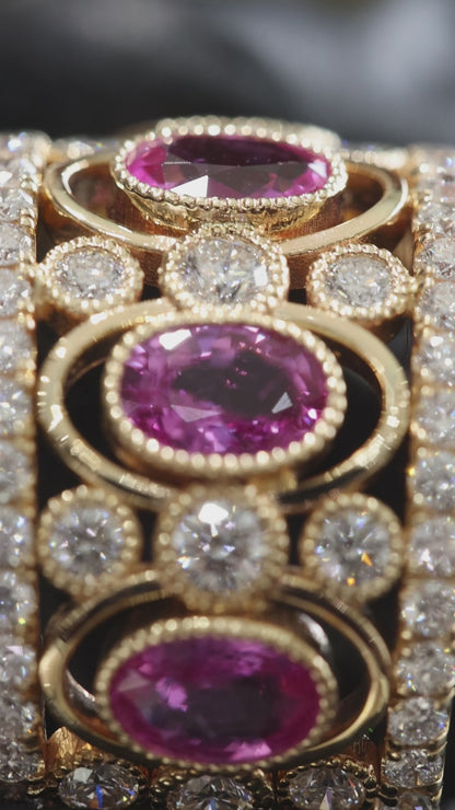 Imperial Pink Sapphire Mosaic Band in Yellow Gold | Multi-Oval Gemstone Diamond Ring
