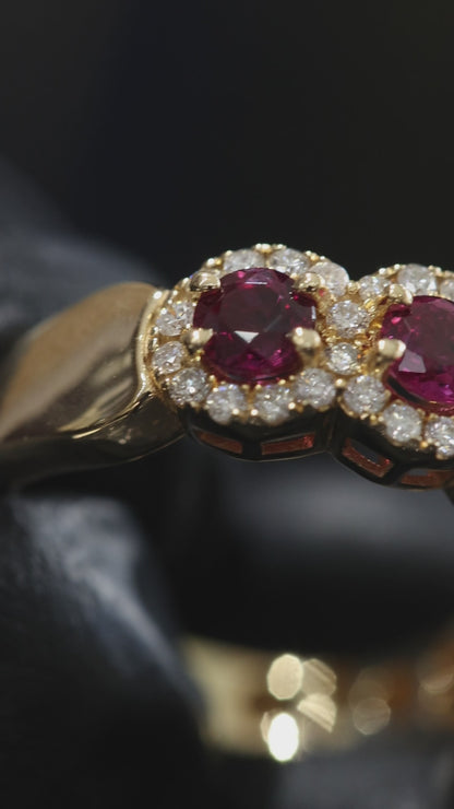 Classic Ruby Diamond Halo Band in Yellow Gold | Oval Ruby Cluster Ring with Diamond Accents