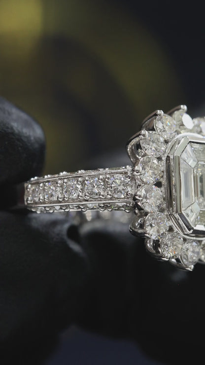GIA Certified Natural Emerald Cut Diamond Halo Engagement Ring in White Gold | Classic Pavé Halo Design