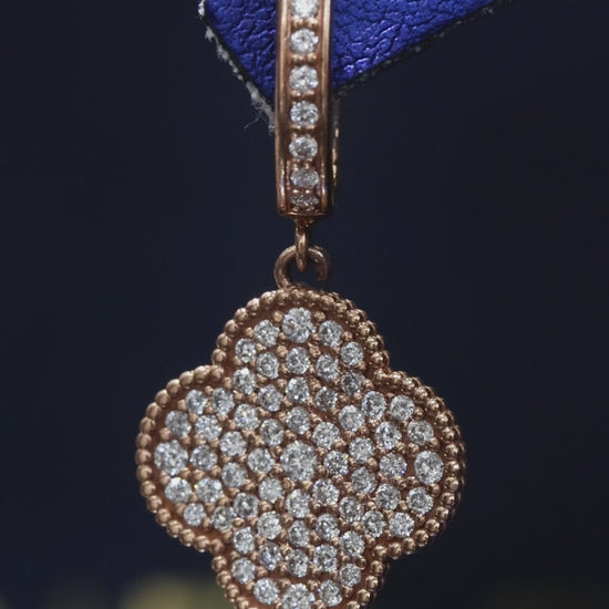 14K rose gold pavé diamond clover drop earrings with diamond hoop and round brilliant diamonds