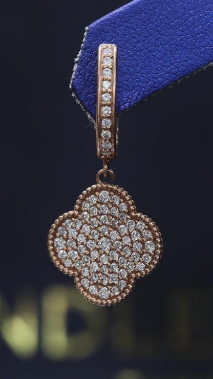14K rose gold pavé diamond clover drop earrings with diamond hoop and round brilliant diamonds