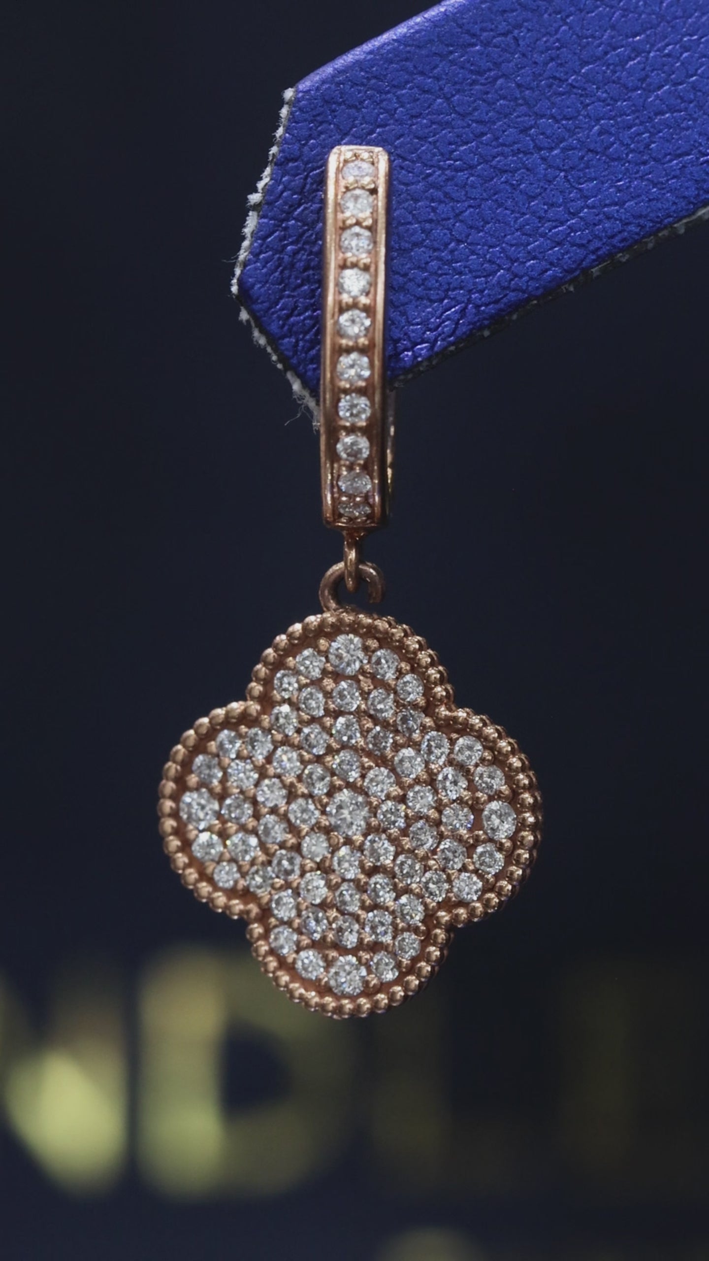 14K rose gold pavé diamond clover drop earrings with diamond hoop and round brilliant diamonds
