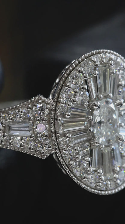Natural White Diamond Oval Halo Ring with Mixed-Cut Starburst Mosaic in White Gold | Vintage-Inspired Statement Design